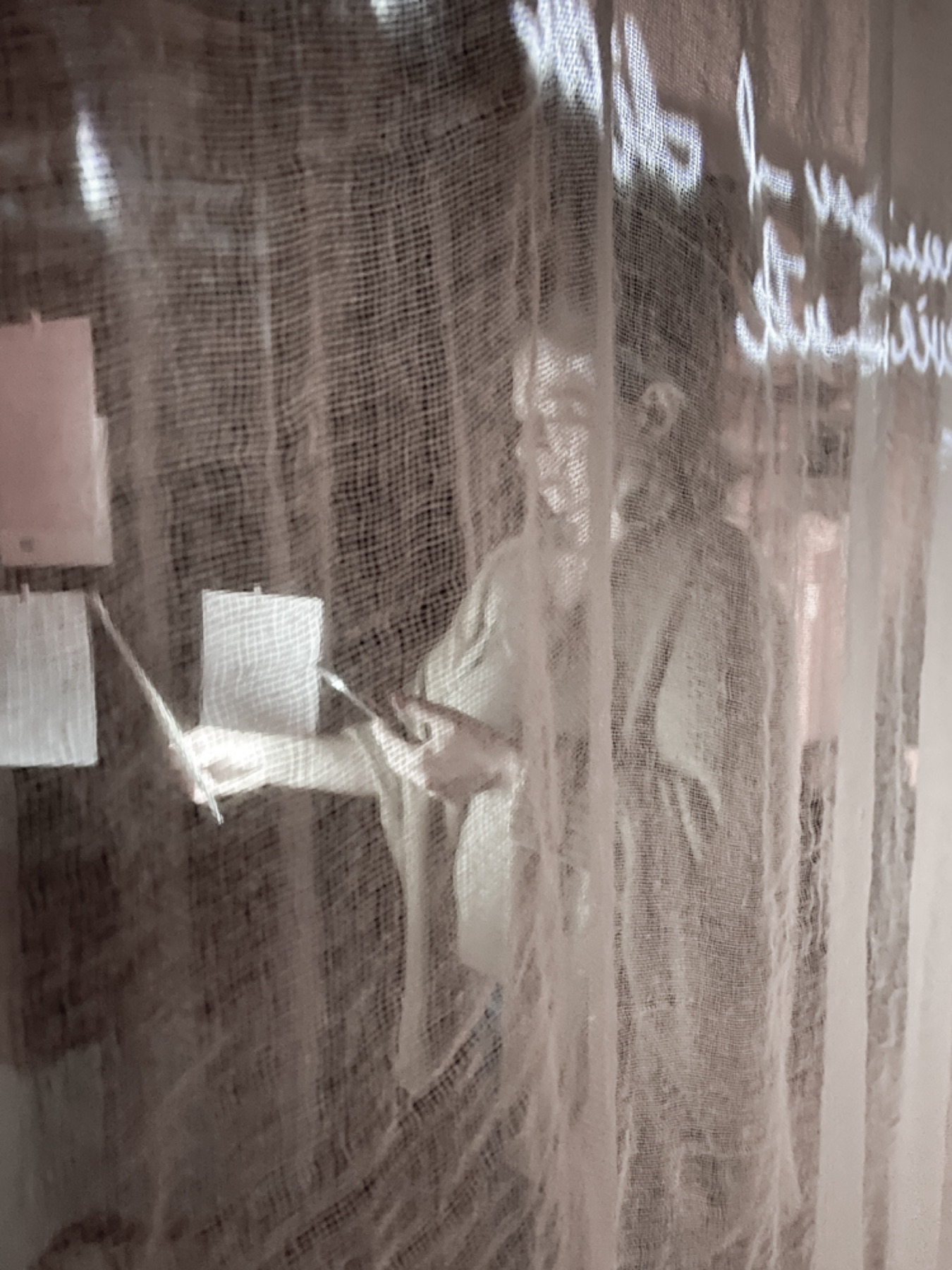 Translucent textile, projected words and a visitor