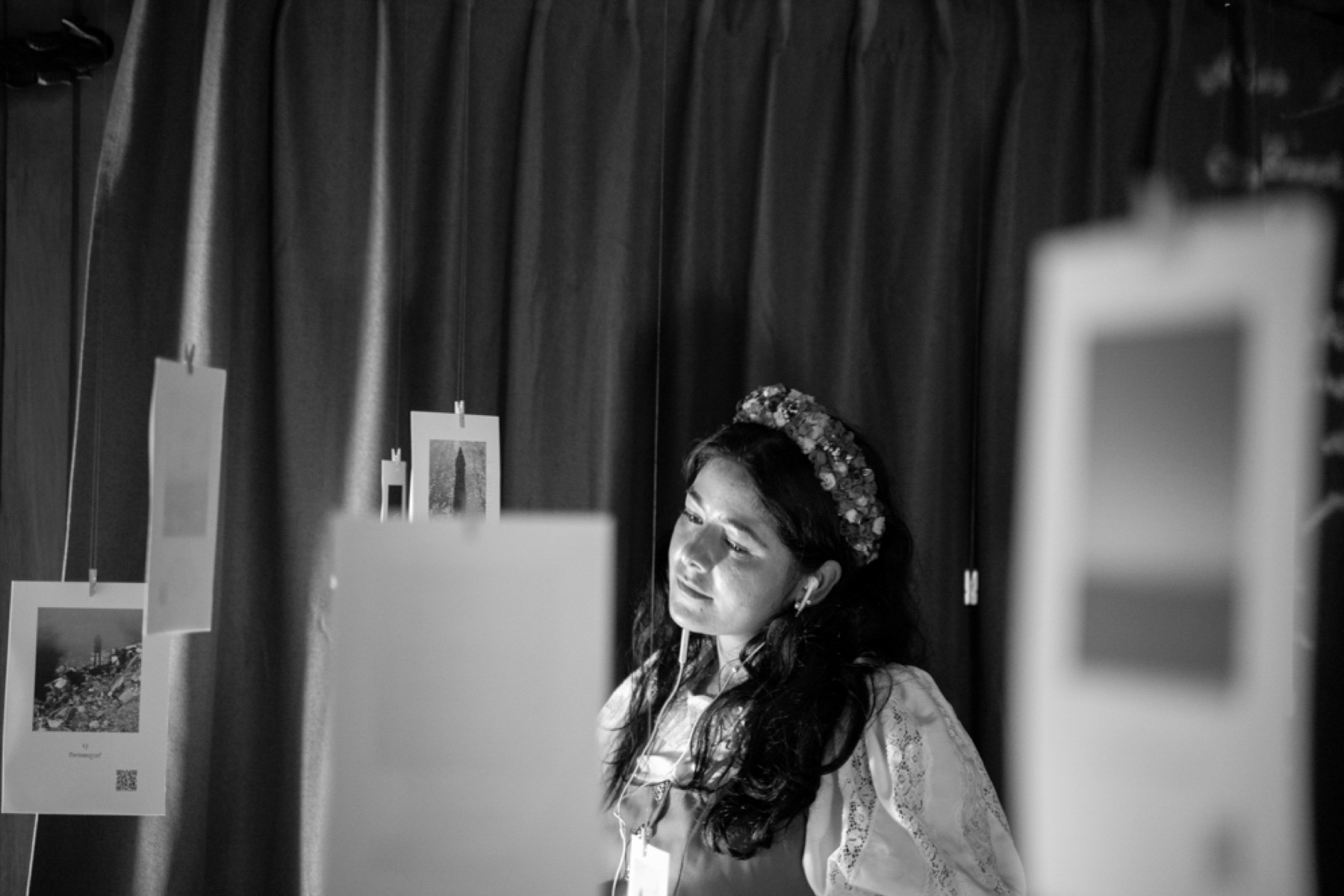 A visitor encountering the photographic fragments